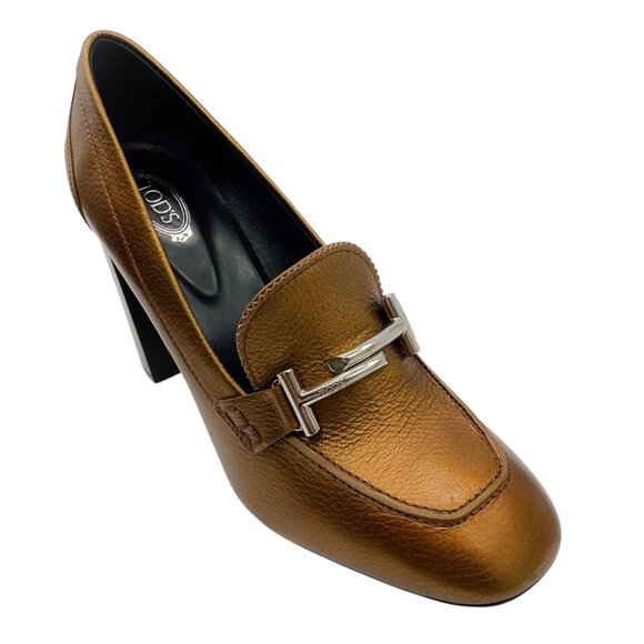 Tod´s Bronze Metallic Leather Heeled Loafer Pumps